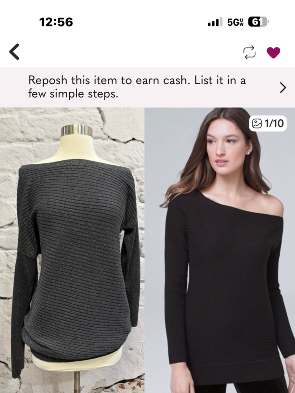 WHBM Luxe Cashmere Blend Tunic Sweater Off-Shoulder Sweater Black Silver Sparkle